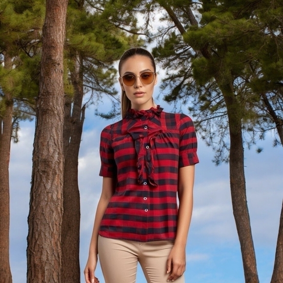 Forever 21 Tops - Women Top TWENTY ONE Red Black Buffalo Plaid Ruffle Blouse Button Up Silk Shirt